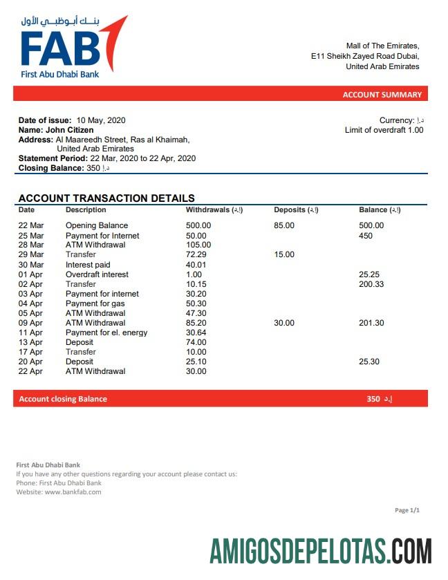 Primeiro extrato bancário de Abu Dhabi para impressão nos Emirados Árabes Unidos, modelo fácil de preencher em formato Word e PDF